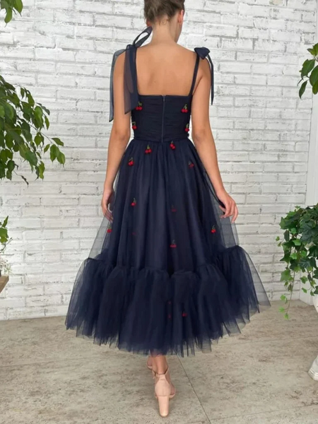 Navy Blue Tea Length Tulle Prom Dresses with Appliques, Navy Blue Floral Formal Evening Dresses