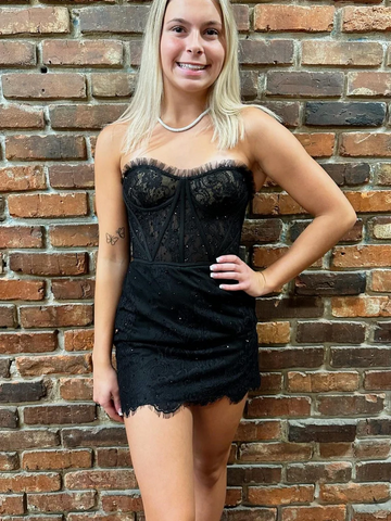 Sexy Strapless Black Lace Short Prom Dresses, Black Lace Formal Evening Homecoming Dresses