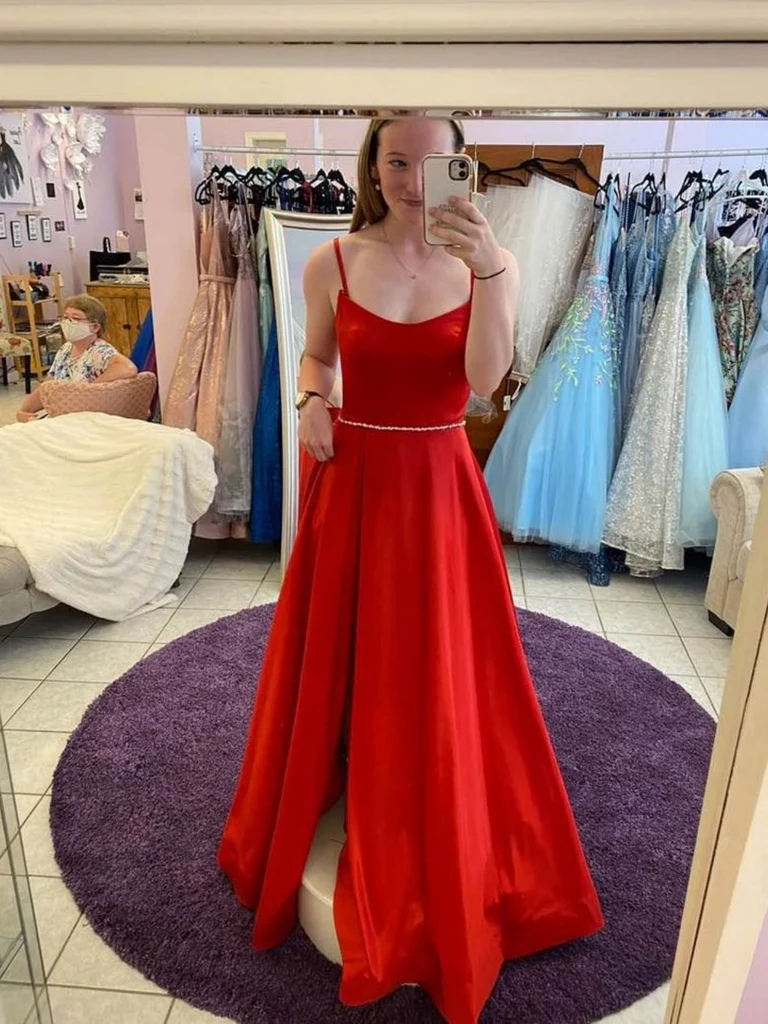 Spaghetti Straps Red Long Prom Dresses with Leg Slit, A Line Red Satin Long Formal Evening Graduation Dresses Spaghetti Straps Red Long Prom Dresses with Leg Slit, A Line Red Satin Long Formal Evening Graduation Dresses