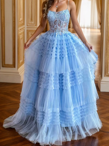 A Line Spaghetti Straps Light Blue Lace Long Prom Dresses, Princess Light Blue Lace Formal Graduation Evening Dresses