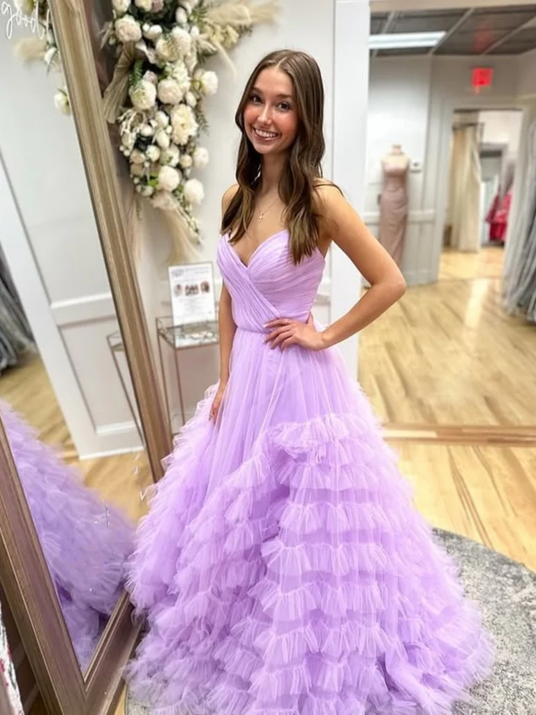 A Line V Neck Ruffle Lilac Tulle Long Prom Dresses, V Neck Ruffle Lila morievent A Line V Neck Ruffle Lilac Tulle Long Prom Dresses, V Neck Ruffle Lila morievent