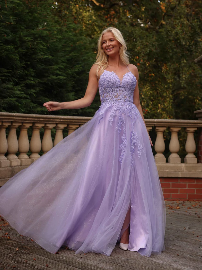 A Line V Neck Lilac Lace Long Prom Dresses with Slit, Lilac Lace Formal  Evening Dresses
