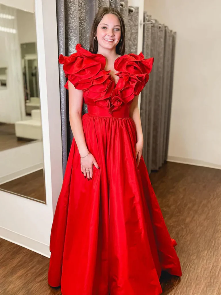 A Line V Neck Red Ruffle Satin Long Prom Dresses, Ruffle Red Long Form morievent A Line V Neck Red Ruffle Satin Long Prom Dresses, Ruffle Red Long Form morievent