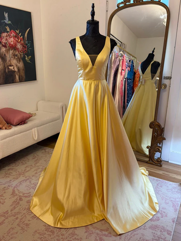 A Line V Neck Yellow Satin Long Prom Dresses, Long Yellow Satin Formal Evening Dresses