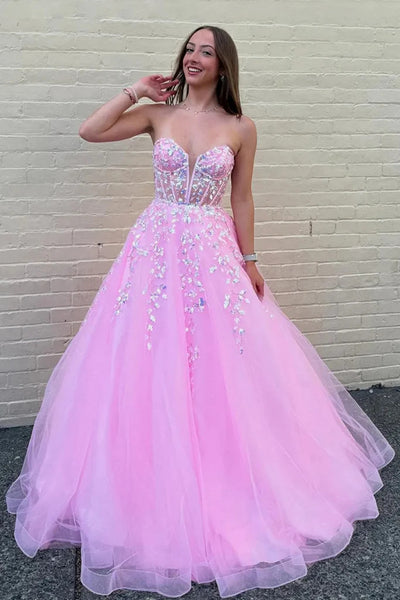 Strapless V Neck Pink Lace Long Prom Dresses, Pink Lace Long V Neck Formal Evening Dresses
