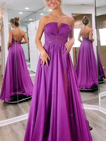 Strapless Purple Chiffon Long Prom Dresses, Purple Long Chiffon Formal Evening Dresses