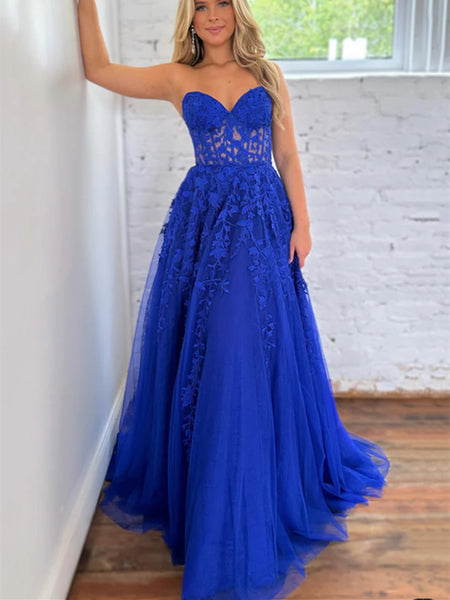 Sweetheart Neck Royal Blue Tulle Lace Long Prom Dresses, Lace Royal Blue Long Formal Evening  Dresses