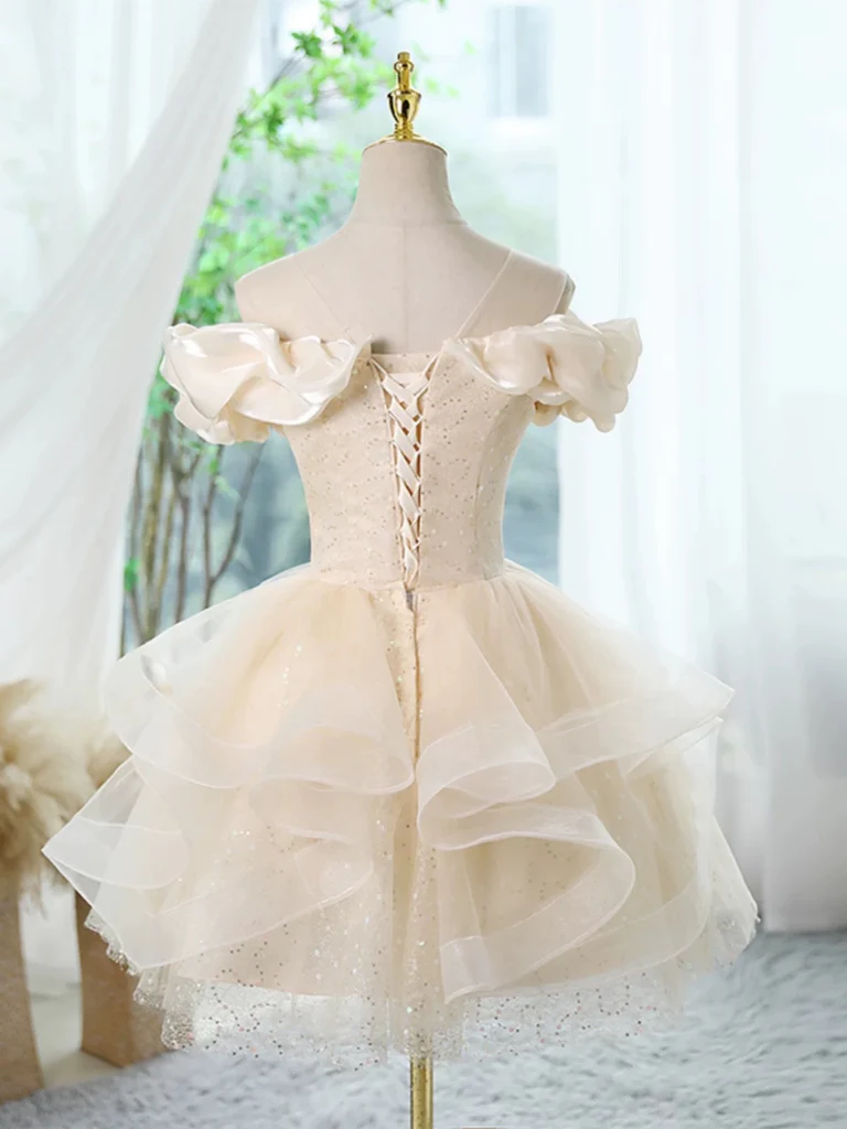 Off the Shoulder Short Champagne Beaded Prom Dresses, Short Off Should morievent Off the Shoulder Short Champagne Beaded Prom Dresses, Short Off Should morievent