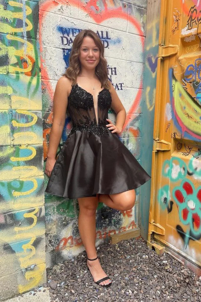 V Neck Beaded Black Lace Satin Prom Dresses, Short Black Formal Gradua morievent V Neck Beaded Black Lace Satin Prom Dresses, Short Black Formal Gradua morievent
