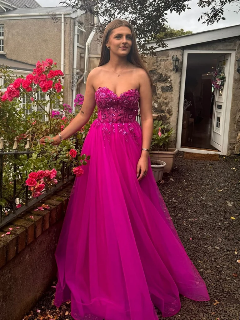 Sequins Fuchsia/Yellow Lace Long Prom Dresses, Strapless Fuchsia/Yello morievent Sequins Fuchsia/Yellow Lace Long Prom Dresses, Strapless Fuchsia/Yello morievent