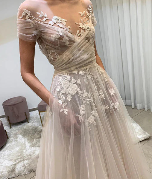 Light Champagne Tulle Lace Long Prom Dress, Lace Champagne Tulle Long Evening Dress