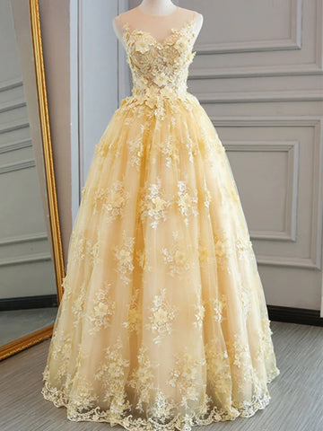 Gorgeous Yellow Lace Long Prom Dresses, Yellow Lace Formal Evening Dresses