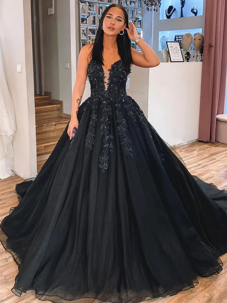 V Neck Black Lace Long Prom Dresses, V Neck Black Long Lace Formal Evening Dresses