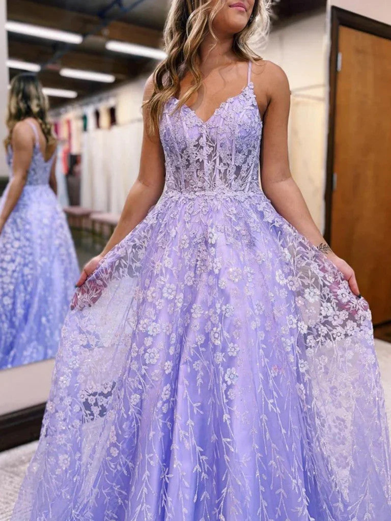 A Line V Neck Lilac/Gold Lace Floral Long Prom Dresses, Purple/Gold La morievent A Line V Neck Lilac/Gold Lace Floral Long Prom Dresses, Purple/Gold La morievent