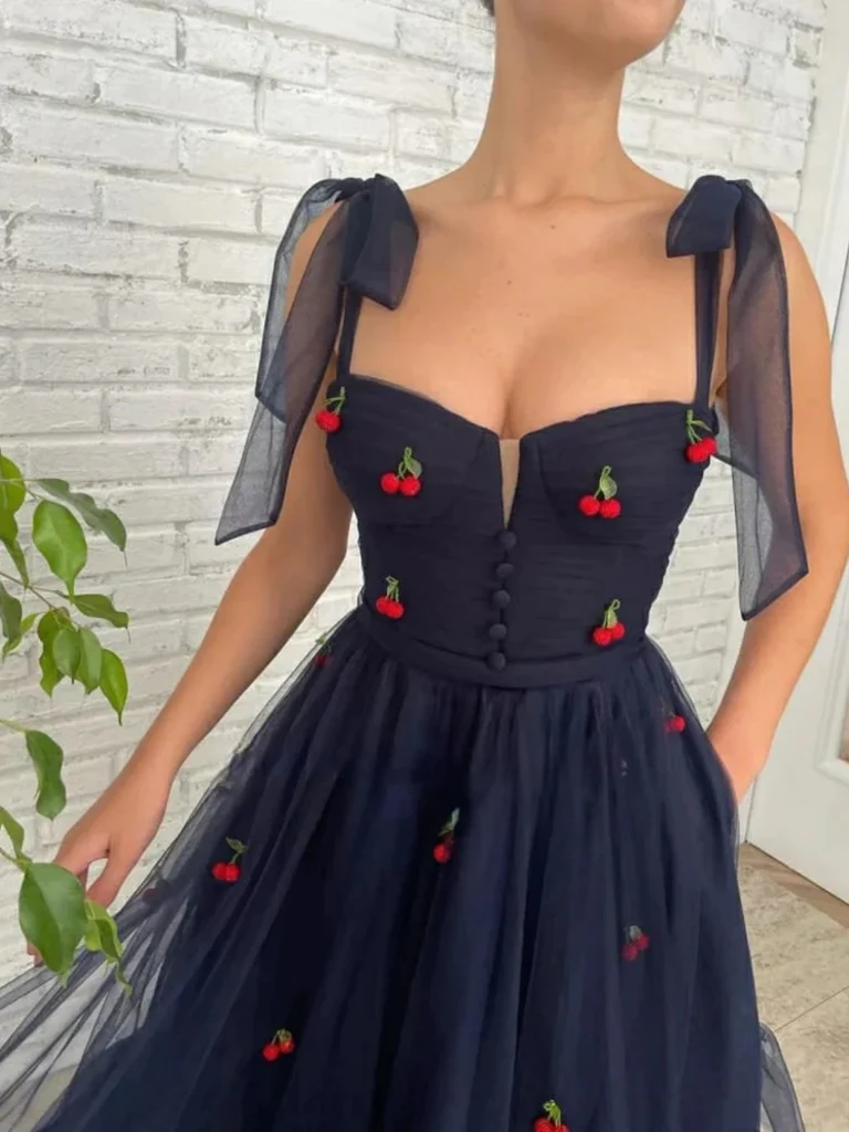 Navy Blue Tea Length Tulle Prom Dresses with Appliques, Navy Blue Flor morievent Navy Blue Tea Length Tulle Prom Dresses with Appliques, Navy Blue Flor morievent