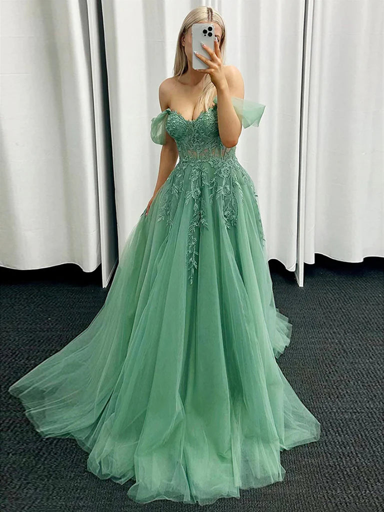 A Line Off The Shoulder Green Tulle Long Prom Dresses, Off Shoulder Gr morievent A Line Off The Shoulder Green Tulle Long Prom Dresses, Off Shoulder Gr morievent