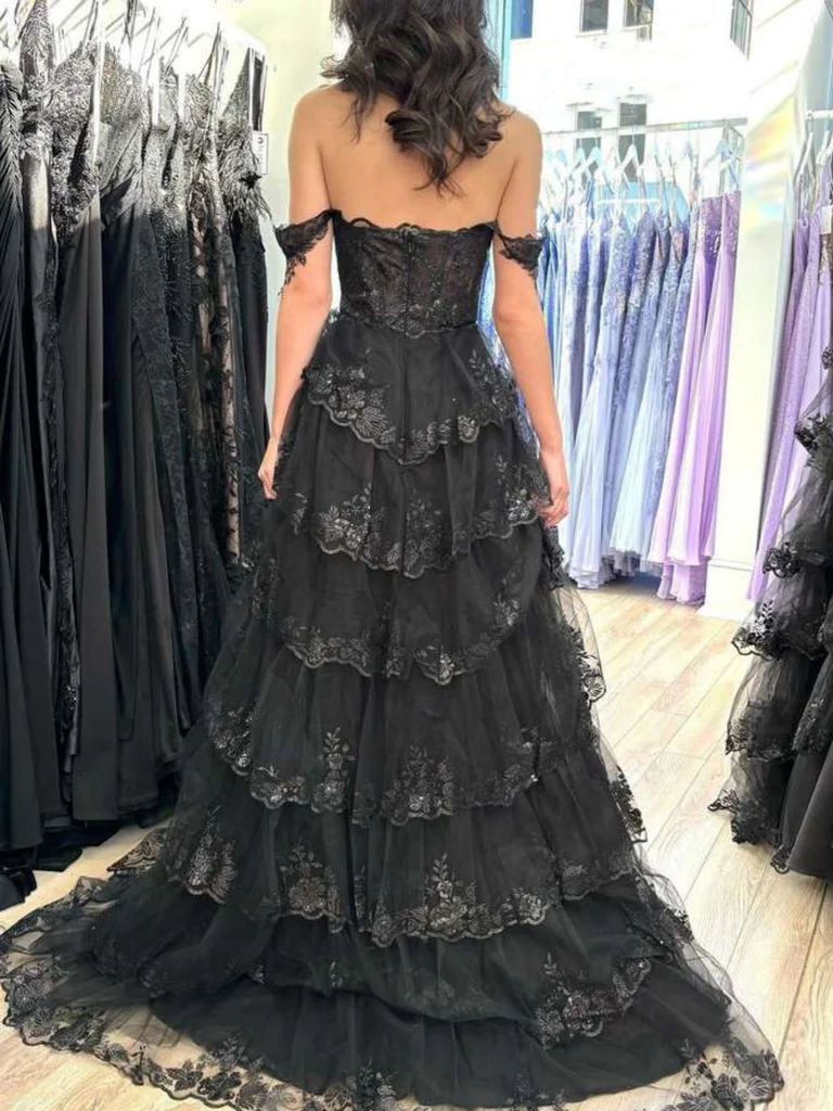 Off Shoulder Black Lace Layered Long Prom Dresses, Off the Shoulder Bl morievent Off Shoulder Black Lace Layered Long Prom Dresses, Off the Shoulder Bl morievent