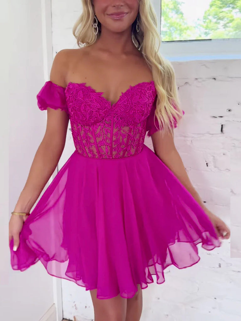 Sweetheart Neck Off the Shoulder Fuchsia Lace Short Prom Dresses, Shor morievent Sweetheart Neck Off the Shoulder Fuchsia Lace Short Prom Dresses, Shor morievent