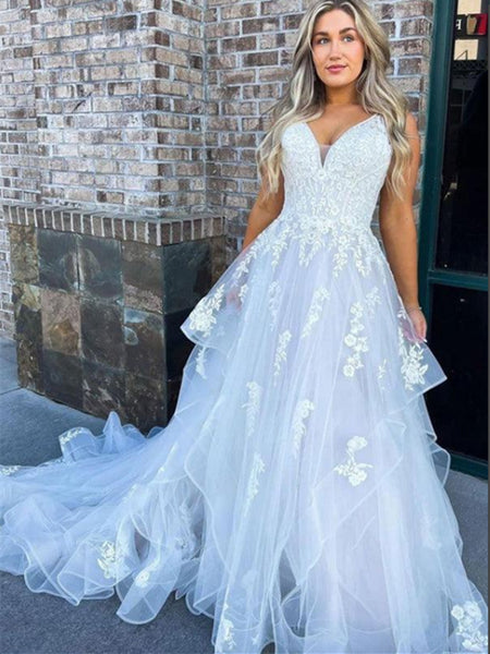 Spaghetti Straps A Line White Tulle Long Prom Dresses With Lace , V Neck White Lace Formal Evening Desses