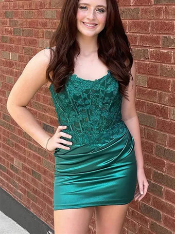 Short Green Lace Backless Prom Dresses, Open Back Green Lace Short Formal Graduation Evening Dresses, Lace Green Short Homecoming Dresses