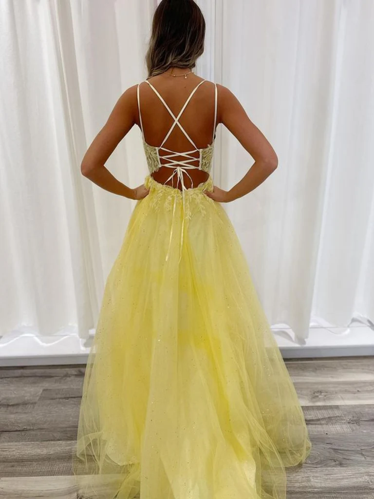 A Line V Neck Backless Yellow Lace Long Prom Dresses, Open Back Lace Yellow Formal Evening Dresses A Line V Neck Backless Yellow Lace Long Prom Dresses, Open Back Lace Yellow Formal Evening Dresses