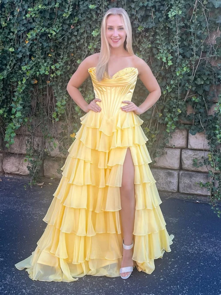 Strapless Yellow Blue Lace Layered Long Prom Dresses, Strapless Sweetheart Neck Blue Yellow Layered Lace Formal Evening Dresses Strapless Yellow Blue Lace Layered Long Prom Dresses, Strapless Sweetheart Neck Blue Yellow Layered Lace Formal Evening Dresses