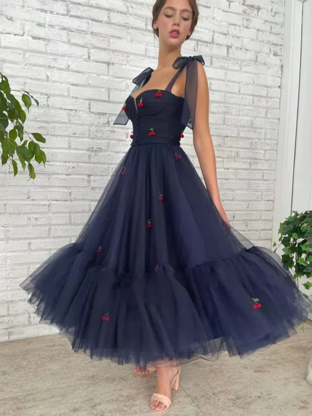Navy Blue Tea Length Tulle Prom Dresses with Appliques, Navy Blue Floral Formal Evening Dresses