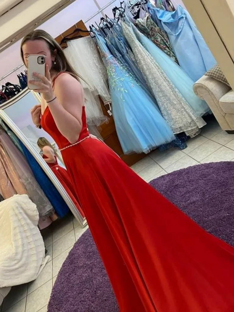 Spaghetti Straps Red Long Prom Dresses with Leg Slit, A Line Red Satin morievent Spaghetti Straps Red Long Prom Dresses with Leg Slit, A Line Red Satin morievent