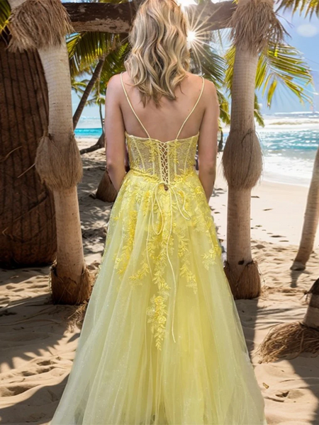 A Line V Neck Yellow Lace Long Prom Dresses, Yellow Lace Formal  Evening Dresses