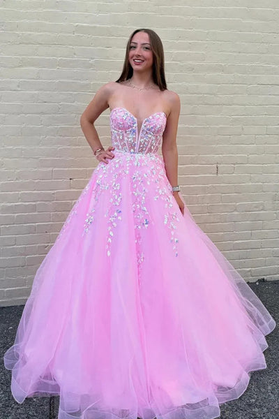 Strapless V Neck Pink Lace Long Prom Dresses, Pink Lace Long V Neck Formal Evening Dresses