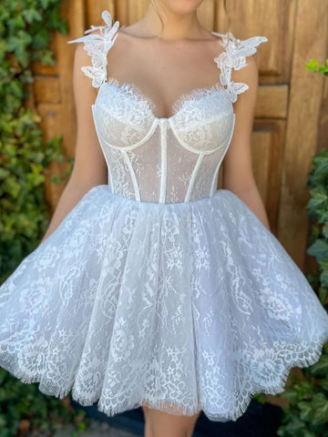 Sweetheart Neck Short White Lace Prom Dresses, White Lace Homecoming Dresses