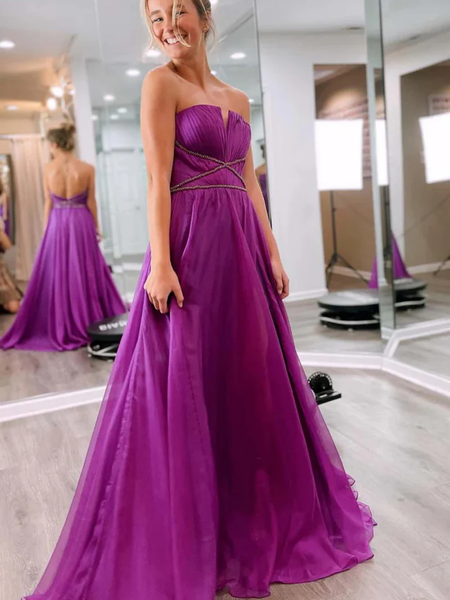 Strapless Purple Chiffon Long Prom Dresses, Purple Long Chiffon Formal Evening Dresses
