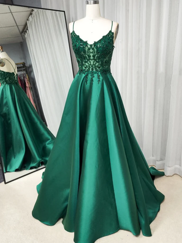 V Neck Open Back Green Lace Long Prom Dresses, V Neck Backless Green Lace Long Formal Graduation Evening Dresses