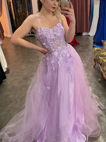 Purple Beaded Lace Floral Long Prom Dresses, Beaded Lilac Lace Floral Long Formal Evening Dresses