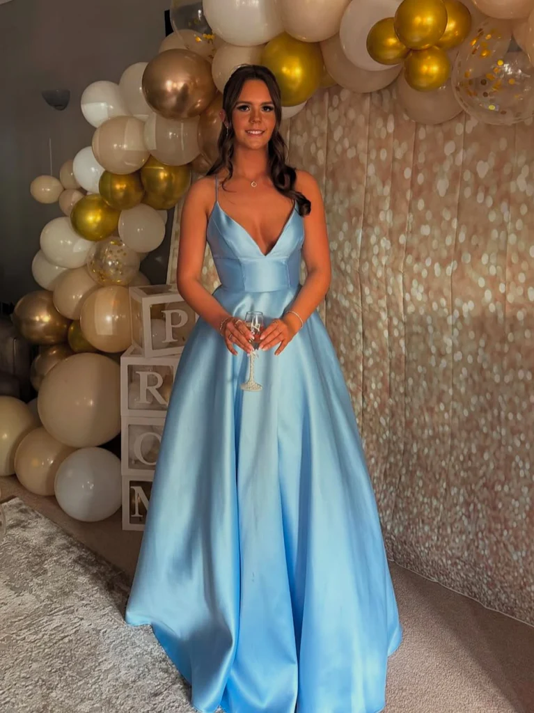 A Line V Neck Open Back Light Blue Satin Long Prom Dresses, Light Blue – morievent