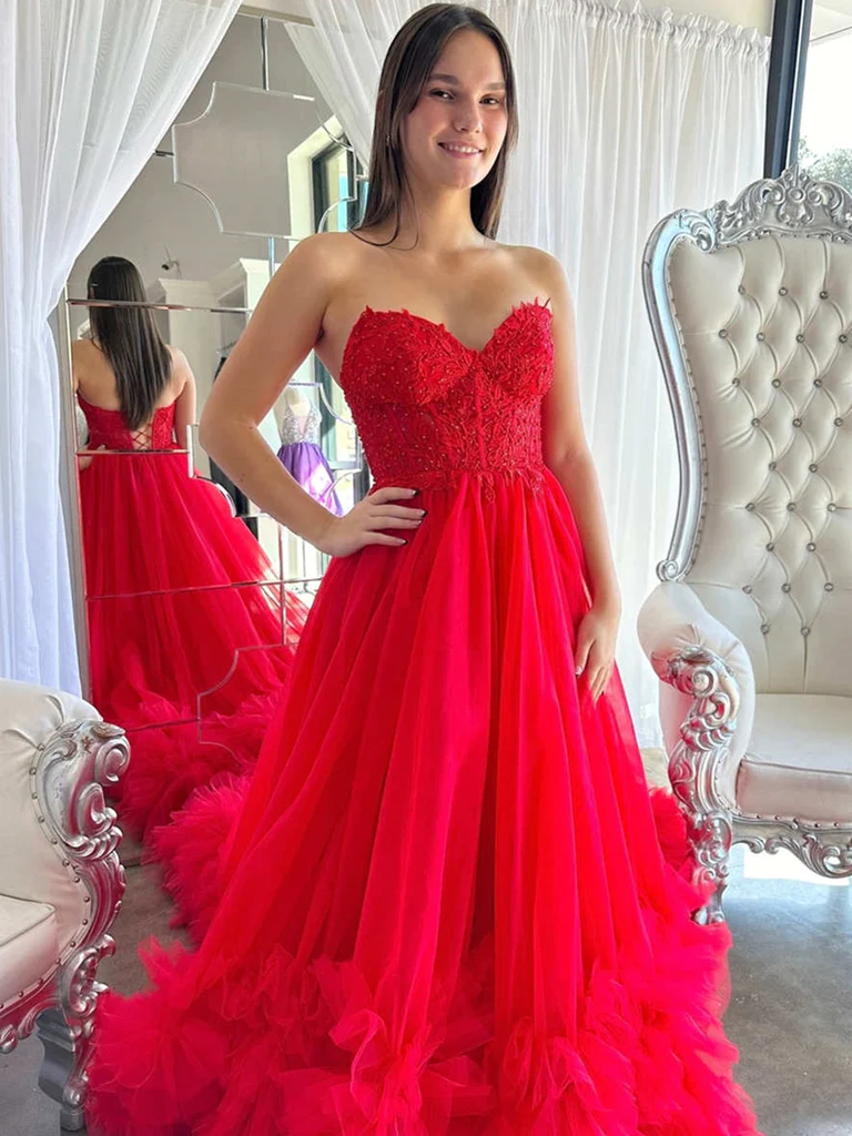 Red Ruffle Long Lace Prom Dresses, Ruffle Long Lace Formal Evening Dresses Red Ruffle Long Lace Prom Dresses, Ruffle Long Lace Formal Evening Dresses