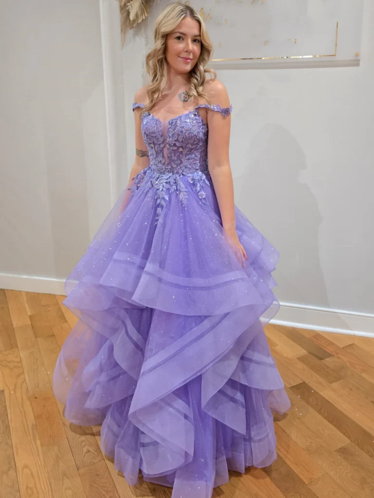 Off The Shoulder Fluffy Lilac Lace Long Prom Dresses, Purple Lace Off morievent Off The Shoulder Fluffy Lilac Lace Long Prom Dresses, Purple Lace Off morievent