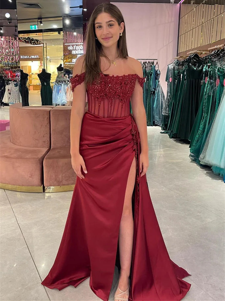 Off The Shoulder Burgundy Lace Sequins Long Prom Dresses with High Sli morievent Off The Shoulder Burgundy Lace Sequins Long Prom Dresses with High Sli morievent