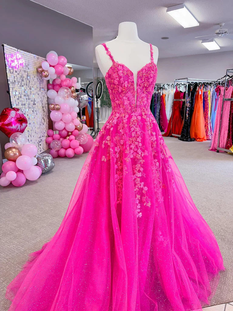 A Line V Neck Hot Pink Lace Tulle Long Prom Dresses, Long Hot Pink Tul morievent A Line V Neck Hot Pink Lace Tulle Long Prom Dresses, Long Hot Pink Tul morievent