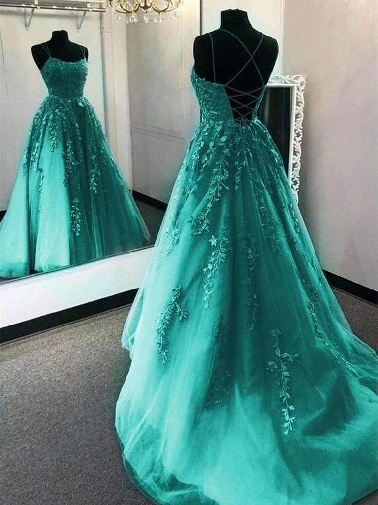 A Line Green Tulle Lace Backless Long Prom Dresses, Open Back Green La – morievent