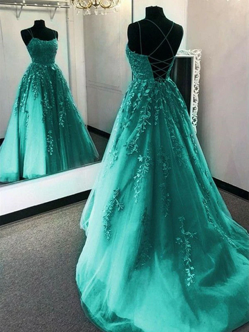 A Line Green Tulle Lace Backless Long Prom Dresses, Open Back Green Lace Formal Evening Dresses