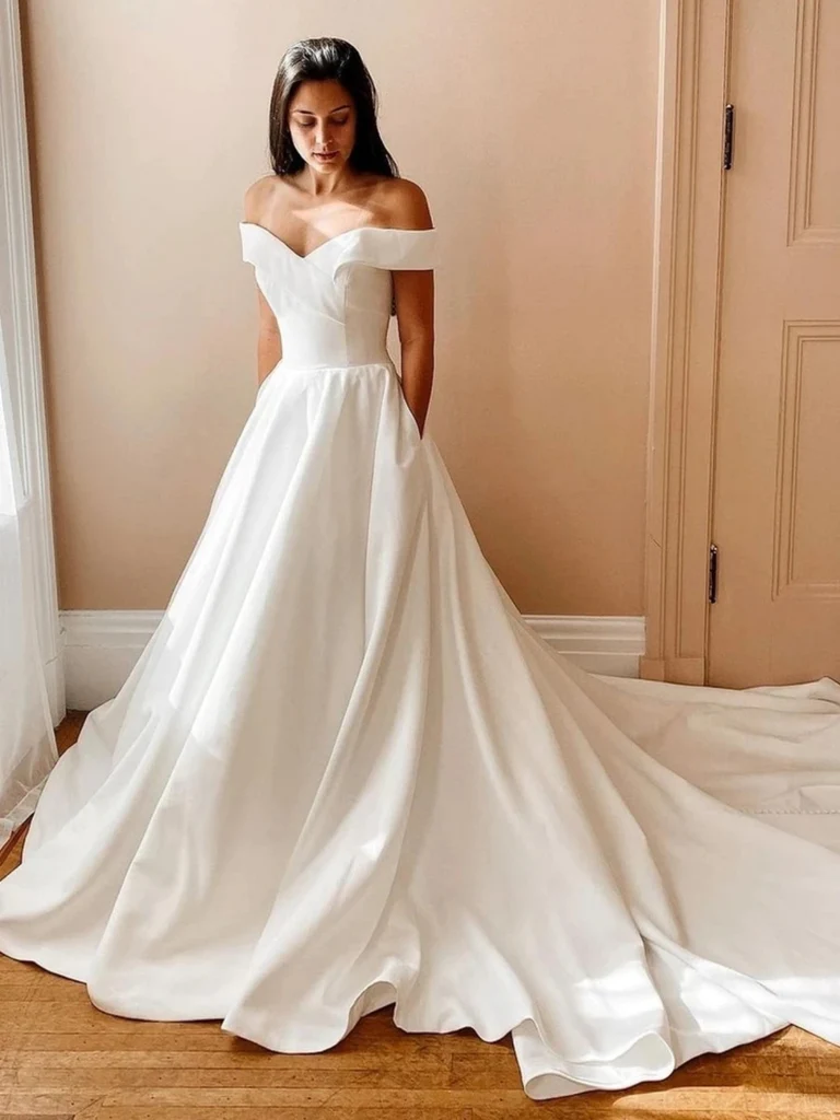 Off the Shoulder White Satin Long Prom Dresses with Train White