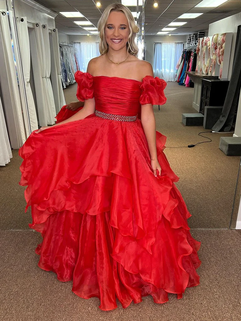 Off the Shoulder Red Long Tulle Prom Dresses, Off Shoulder Red Tulle Long Formal Evening Dresses