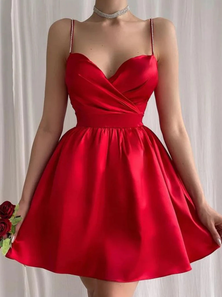 Cute V Neck Red Satin Short Prom Dresses, Cute V Neck Red Satin Short Formal Graduation Evening Dresses