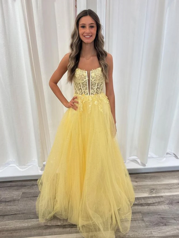 A Line V Neck Backless Yellow Lace Long Prom Dresses, Open Back Lace Yellow Formal Evening Dresses