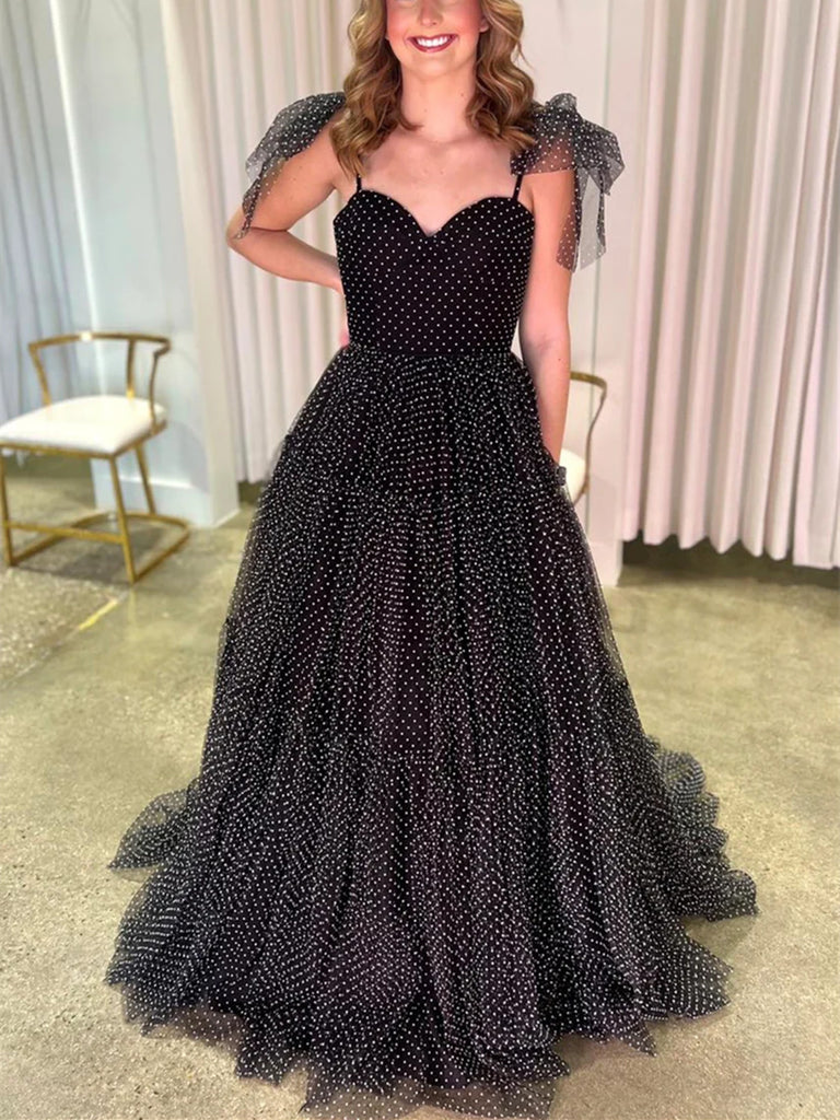 A Line Straps Black Swiss Dot Tulle Prom Dresses,  Straps Black Tulle Long Formal Evening Dresses