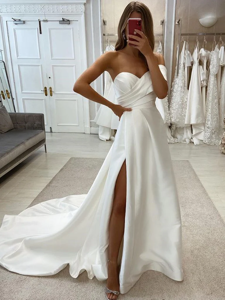 One Shoulder Ivory Satin Wedding Dresses, One Shoulder Ivory Satin Formal Evening Bridal Dresses