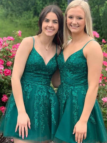 V Neck Short Green Lace Prom Dresses, Short Green Lace Formal Evening Homecoming Dresses