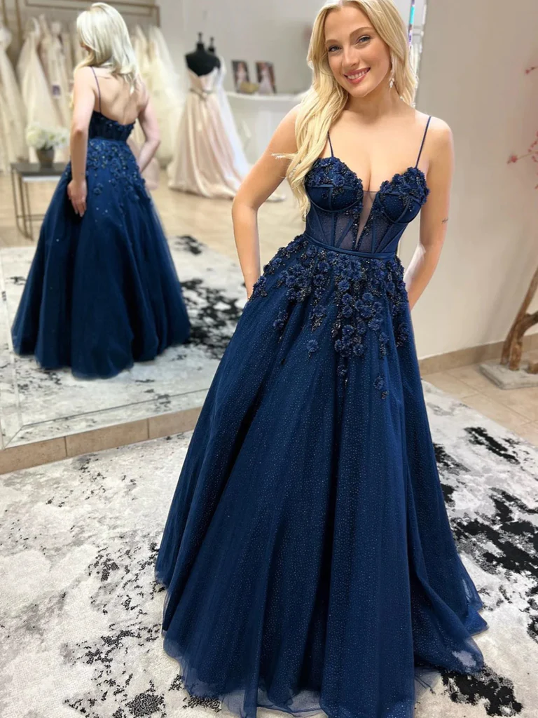 A Line V Neck Open Back Navy Blue Floral Long Prom Dresses, Navy Blue morievent A Line V Neck Open Back Navy Blue Floral Long Prom Dresses, Navy Blue morievent