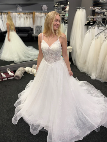 A Line V Neck Open Back White Lace Long Prom Dresses, White Lace Wedding Dresses,White Formal Evening Dresses